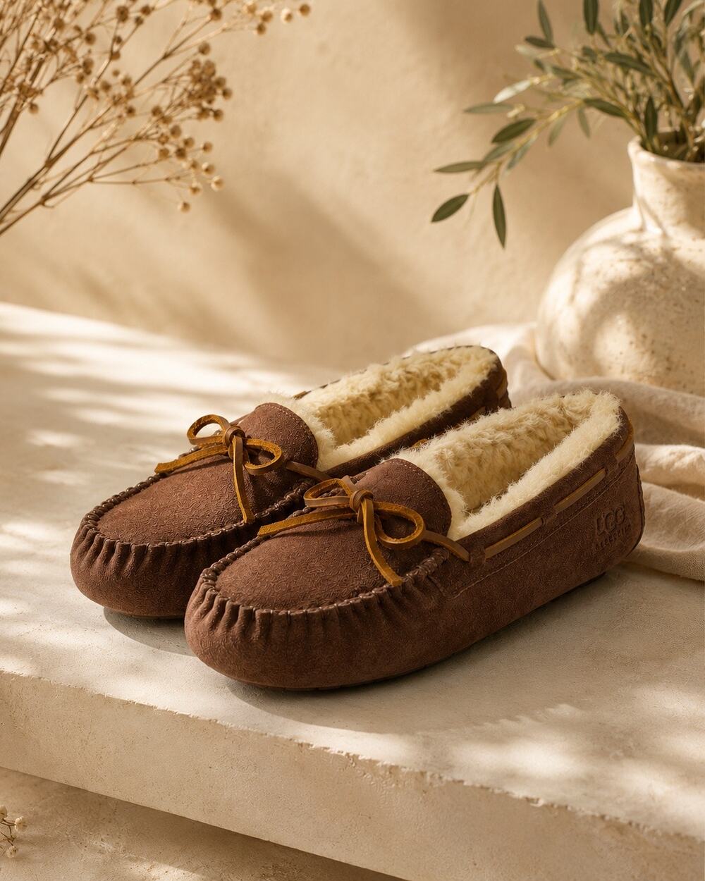 UGG Womens Shearling Lined Chocolate Brown Suede Moccasin Slippers Size 6